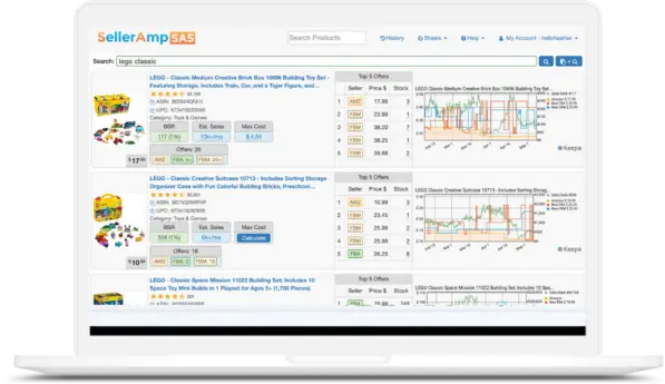 alt=&#34;Interface SellerAMP en anglais, avec ROI et profit affichés&#34;
